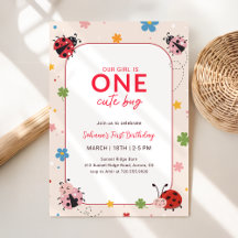 Floral Red Pink One Cute Bug Ladybug 1st Birthday