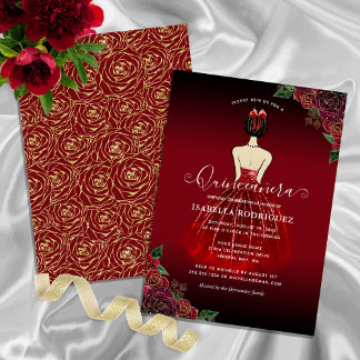 Floral Red Princess Gold Birthday Quinceañera Einladung