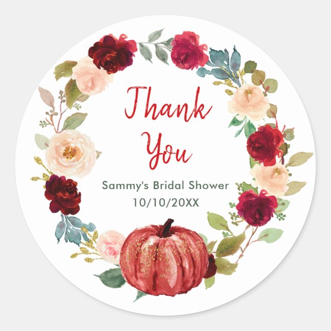 Floral Red Pumpkin Brautparty Vielen Dank Runder Aufkleber (Vorderseite)