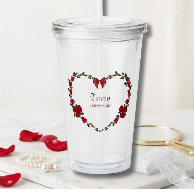 Floral Red Rose Bridesmaid Gift Acryltrinkbecher (Personalized Bridesmaid Acrylic Tumbler with Red Rose Heart Storybook Motif)