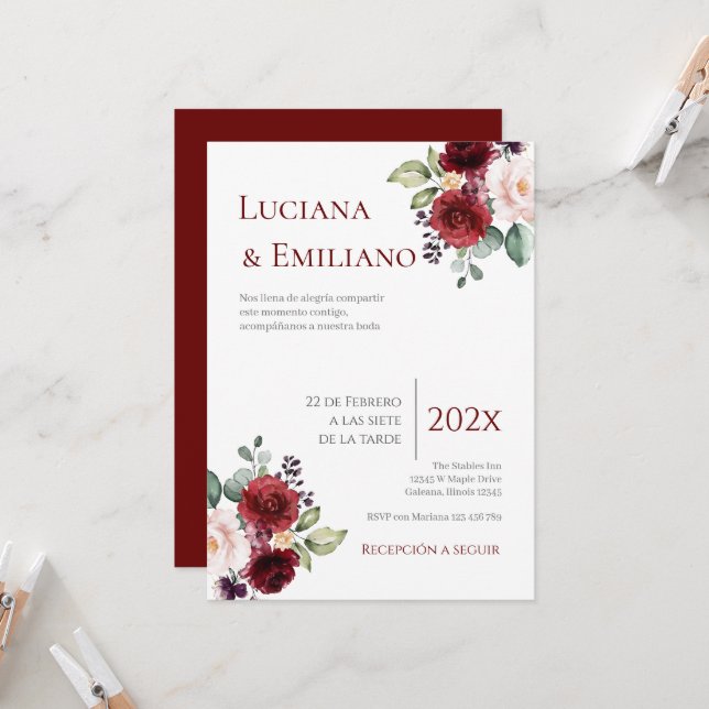 Floral Red Wedding Invitation Einladung (Vorderseite/Rückseite Beispiel)