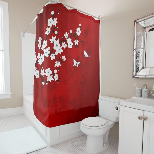 Floral Red White Cherry Blossom Oriental Duschvorhang (Beispiel)
