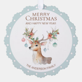 Floral Reindeer Blue Christmas Ornament Card