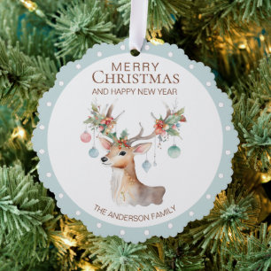 Floral Reindeer Blue Christmas Ornament Card Karte