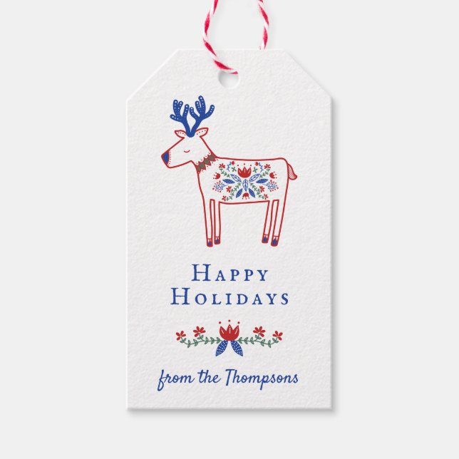 Floral Reindeer Happy Holidays Geschenkanhänger (Vorderseite)
