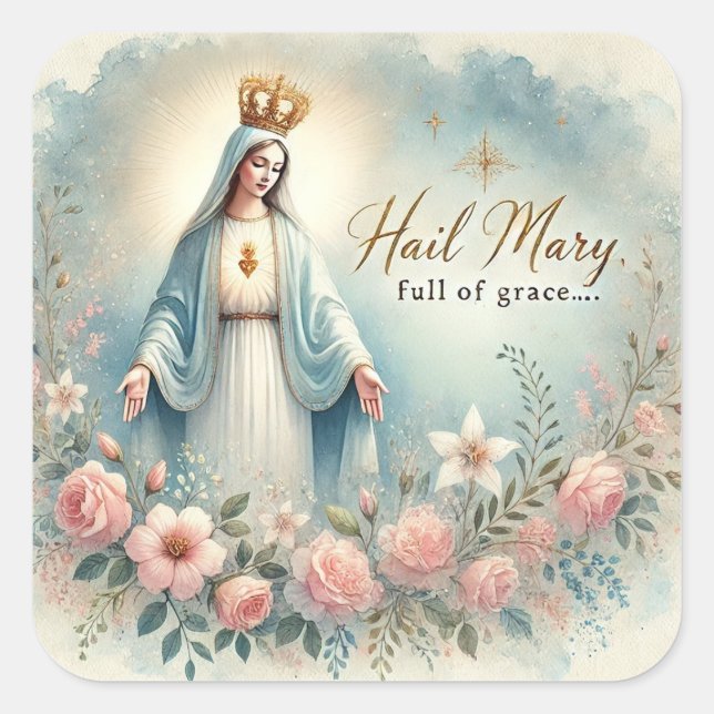 Floral Religious Mutter Mary Pink Roses Quadratischer Aufkleber (Vorderseite)