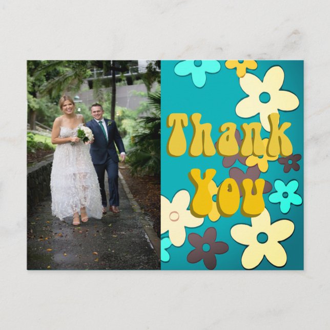 Floral Retro 1970er Chic Wedding Danke Postkarte (Vorderseite)