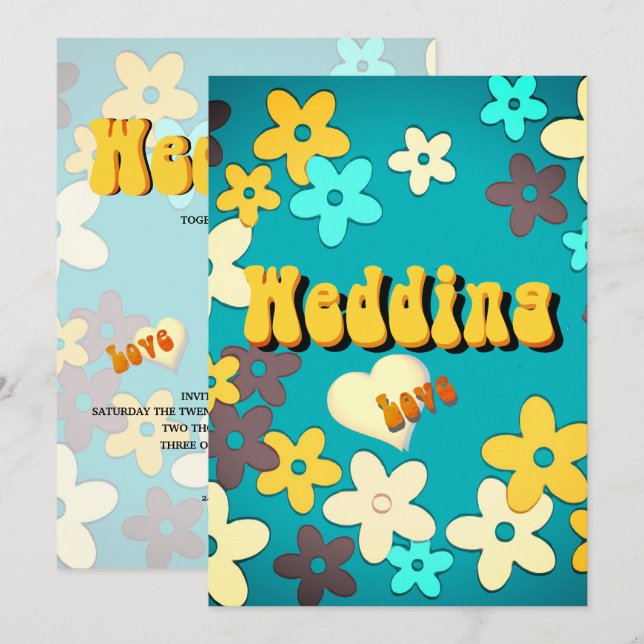 Floral Retro 1970er Chic Wedding Einladung (Vorne/Hinten)