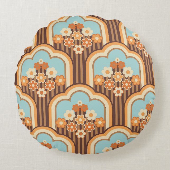 Floral Retro: 70er Wallpaper Revival Rundes Kissen (Vorderseite)