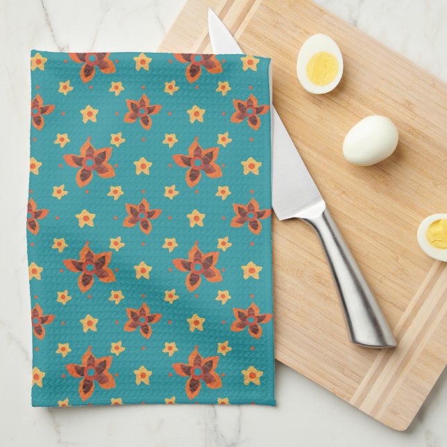 Floral rétro et Polkas sur serviette de cuisine Tu (Quart Plié)
