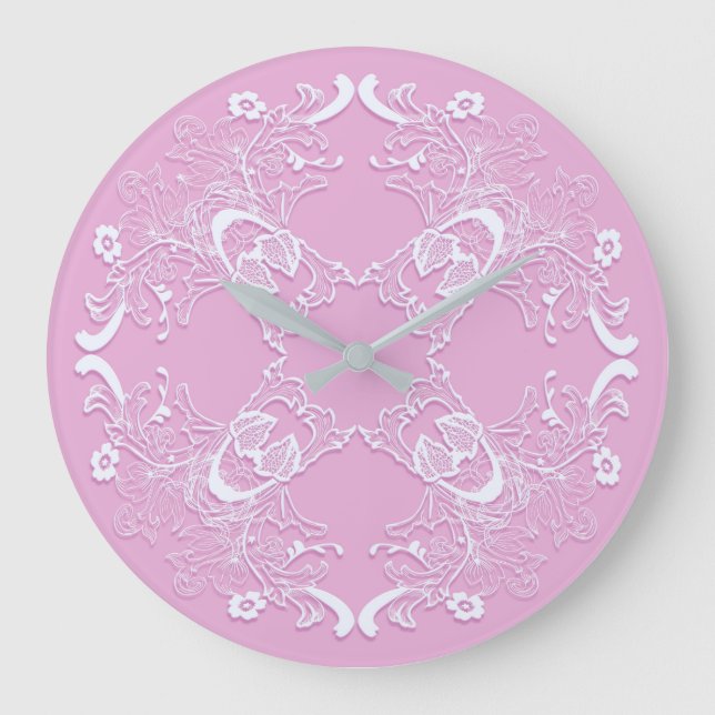 Floral retro pink lace design. große wanduhr (Vorderseite)