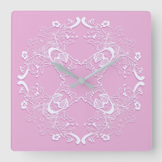 Floral retro pink lace design. quadratische wanduhr (Vorderseite)
