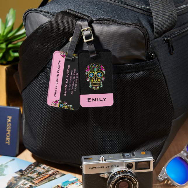 Floral Retro Sugar Skull Gepäckanhänger (Vorderseite & Rückseite)