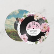 Floral Retro Vinyl Record Foto Save the Date Inv