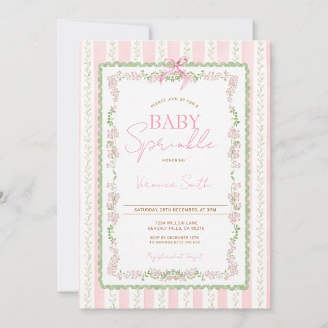 Floral Ribbon Pink Baby Sprinkle Invitation (Devant)