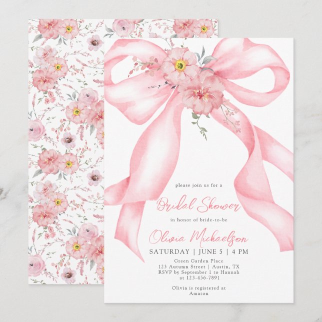 Floral Ribbon Pink Bow Boho Coquette Brautparty Einladung (Vorne/Hinten)
