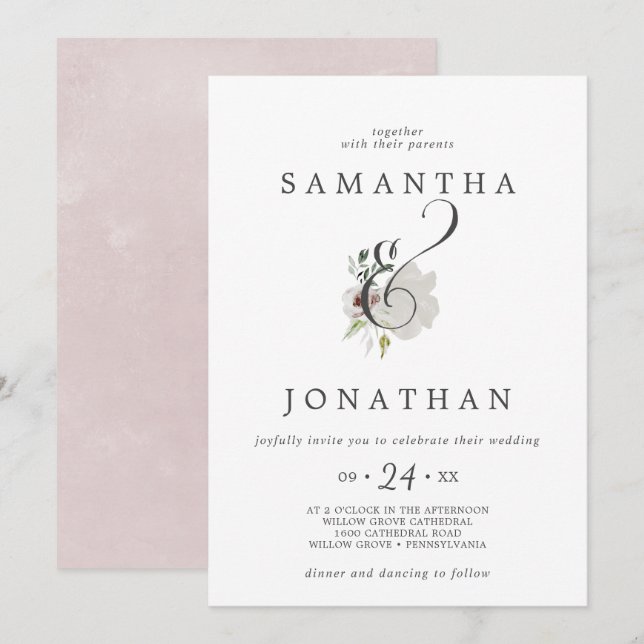 Floral Romance Ampersand Hochzeit Einladung (Vorne/Hinten)