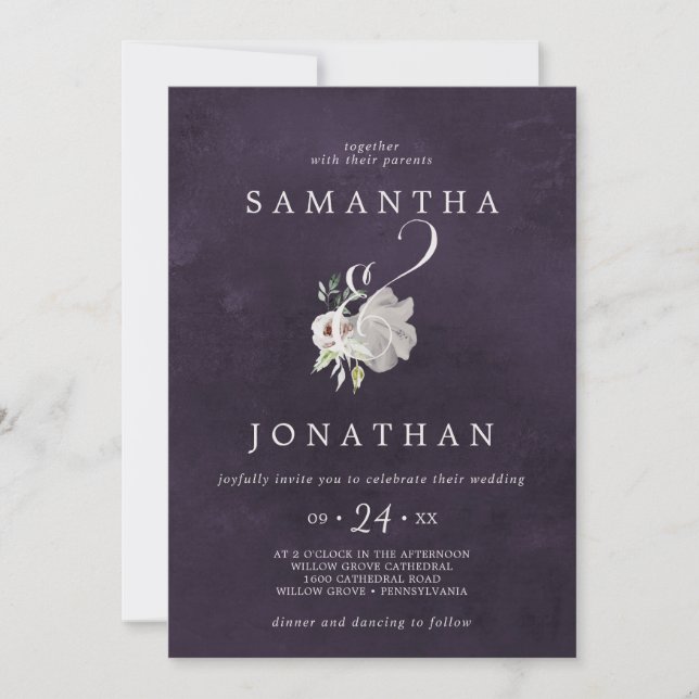 Floral Romance Ampersand | Pflaumenhochzeit Einladung (Vorderseite)