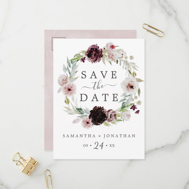 Floral Romance Ankündigung Datum freihalten Postka (Vorderseite/Rückseite Beispiel)