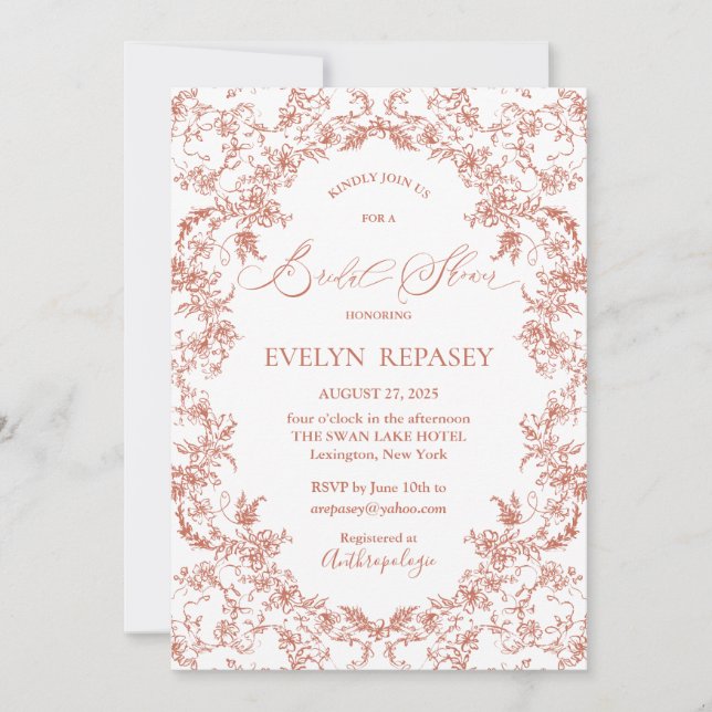 Floral Romance Chinoiserie Coral Brautparty Einladung (Vorderseite)