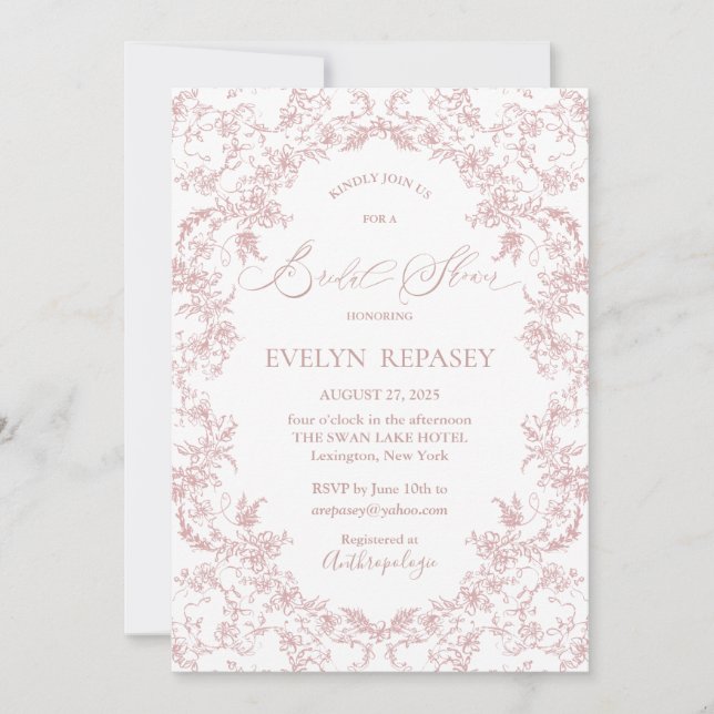 Floral Romance Chinoiserie Mauve Brautparty Einladung (Vorderseite)