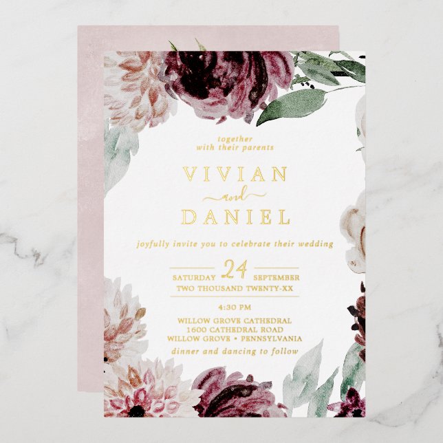 Floral Romance | Goldfolie in einer Hochzeit Folieneinladung (Vorderseite/Rückseite)