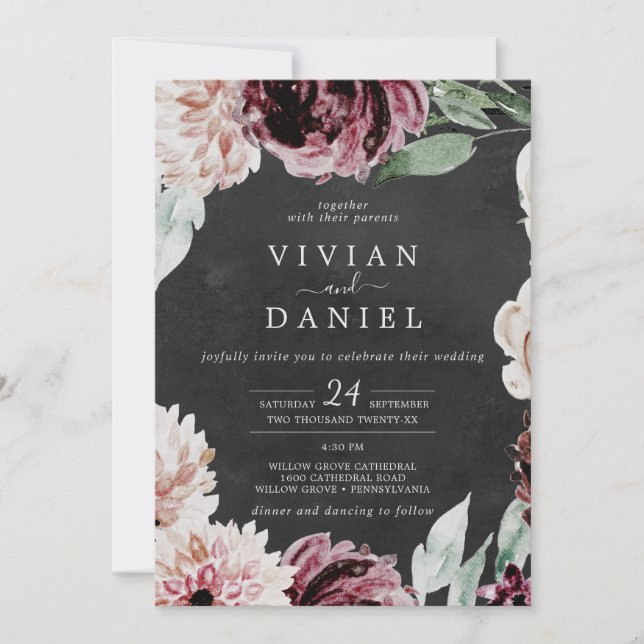 Floral Romance | Graue Lässige Hochzeit Einladung (Vorderseite)