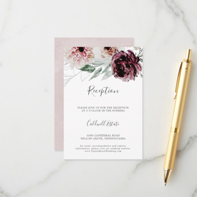 Floral Romance Hochzeitsempfangskarte Begleitkarte (Vorderseite/Rückseite Beispiel)
