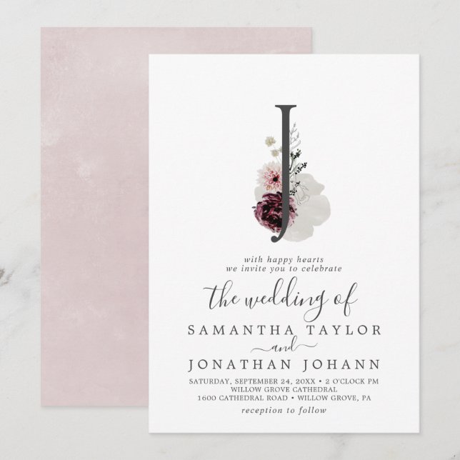 Floral Romance Letter J Monogram Wedding Einladung (Vorne/Hinten)