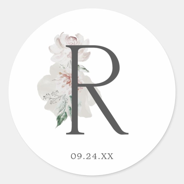 Floral Romance Letter R Monogram Umschlag Aufklebe Runder Aufkleber (Vorderseite)