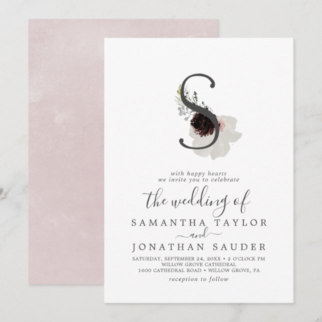 Floral Romance Letter S Monogram Wedding Einladung (Vorne/Hinten)