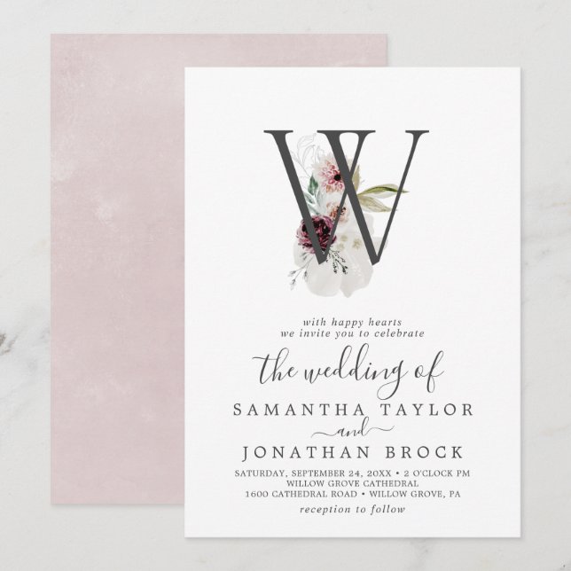 Floral Romance Letter W Blush Monogram Wedding Einladung (Vorne/Hinten)