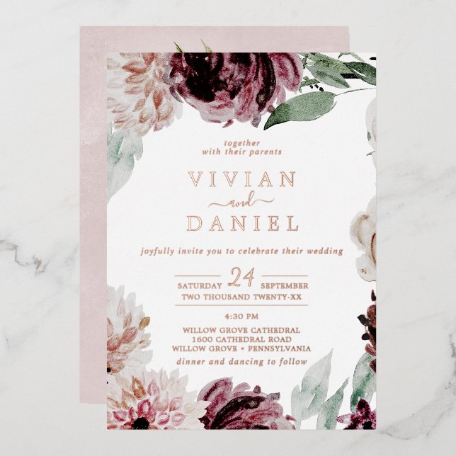 Floral Romance | Rose Gold Foil bei einer Hochzeit Folieneinladung (Vorderseite/Rückseite)