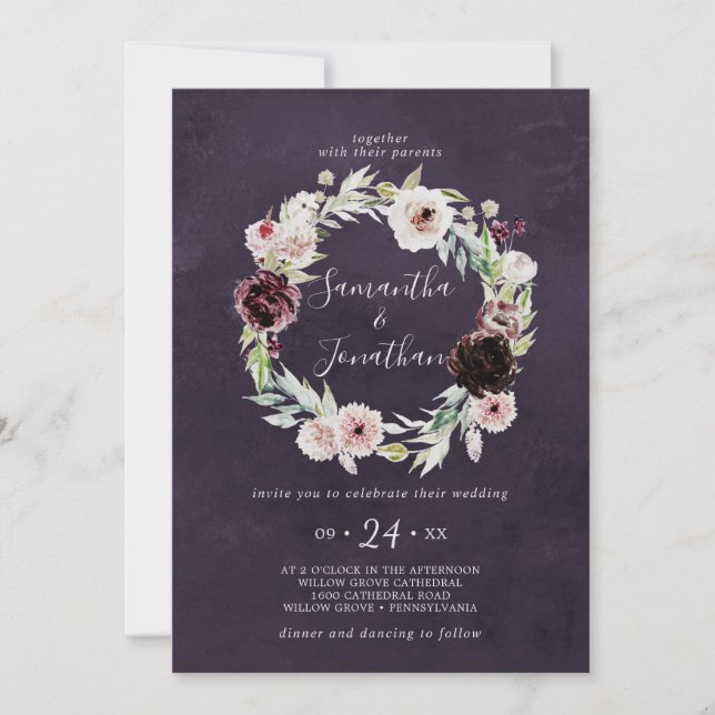 Floral Romance Wreath | Pflaumenhochzeit Einladung (Vorderseite)