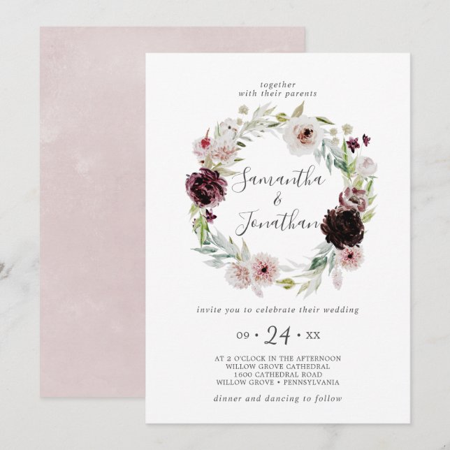 Floral Romance Wreath Wedding Einladung (Vorne/Hinten)