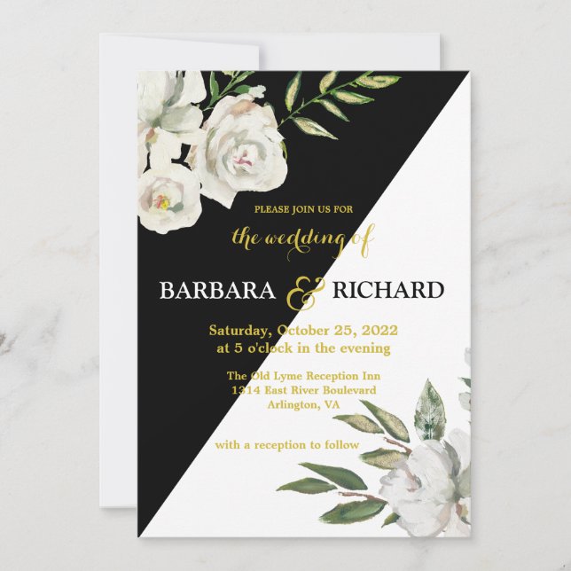 Floral Romantische Schwarz-Weiß-Hochzeit   Einladung (Vorderseite)