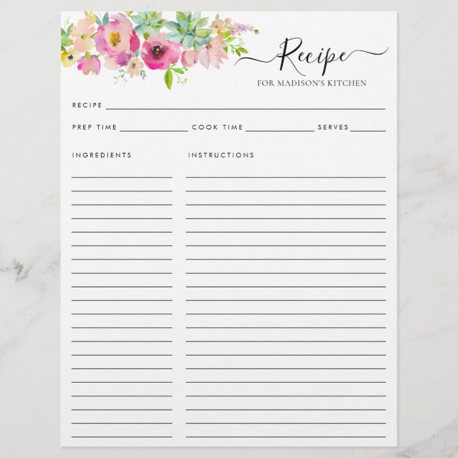 Floral Rosa Aquarell Küche Rezept (Vorderseite)