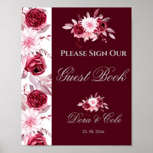 Floral rosafarbener Burgunder-Hochzeitsgästebuchpl Poster