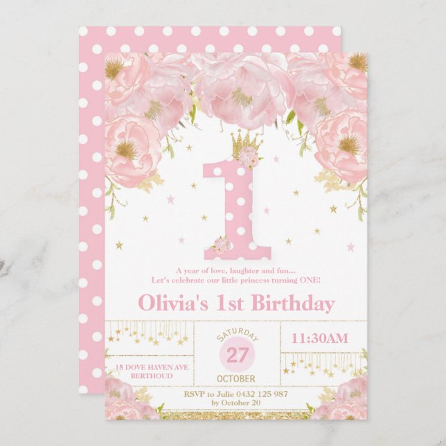 Floral rose 1er anniversaire Princesse Invitation  (Devant / Derrière)