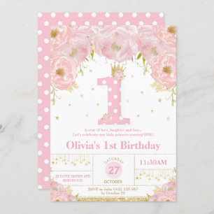 Floral rose 1er anniversaire Princesse Invitation 