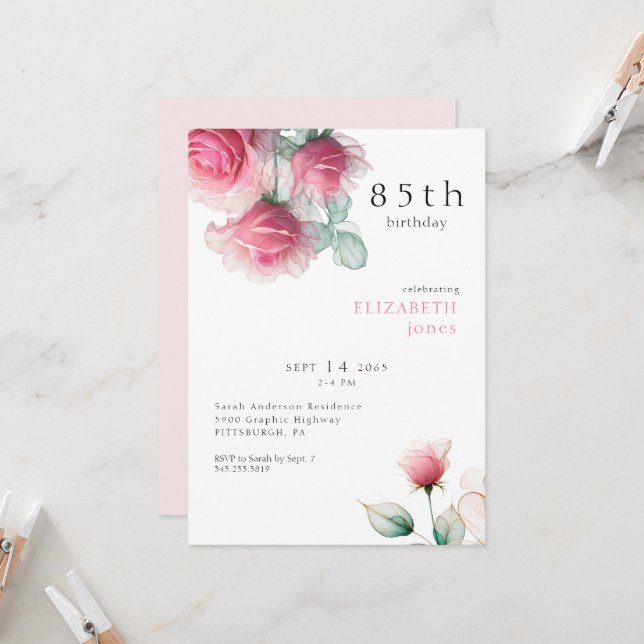 Floral rose 85E Invitation de fête d'anniversaire (Devant/Arrière en situation)