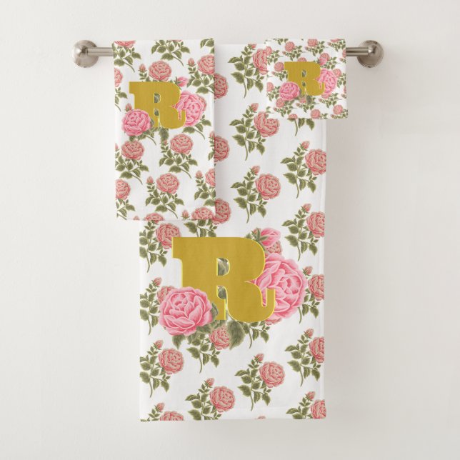 Floral Rose Anfangsbuchstabe Monogramm Name Couple Badhandtuch Set (Insitu)