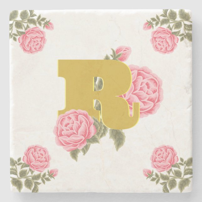 Floral Rose Anfangsbuchstabe Monogramm Name Couple Steinuntersetzer (Vorderseite)