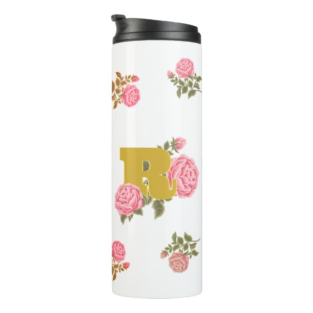 Floral Rose Anfangsbuchstabe Monogramm Name Couple Thermosbecher (Nach rechts gedreht)