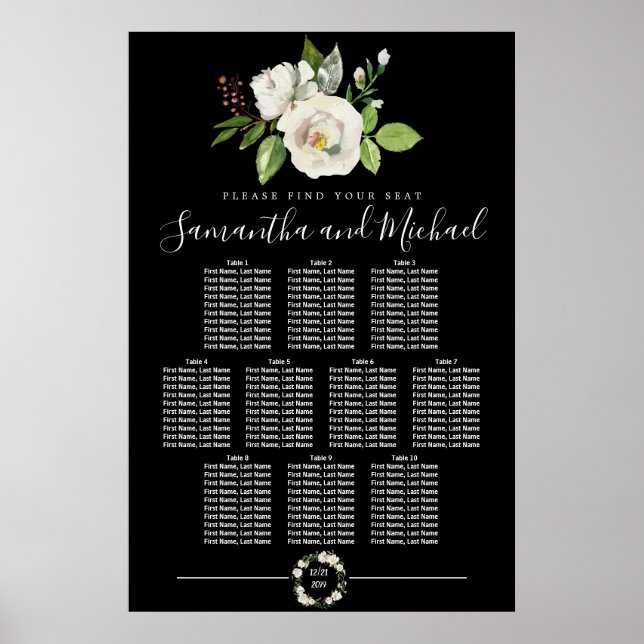 Floral Rose blanc sur tableau de sièges noir à 10  (Devant)