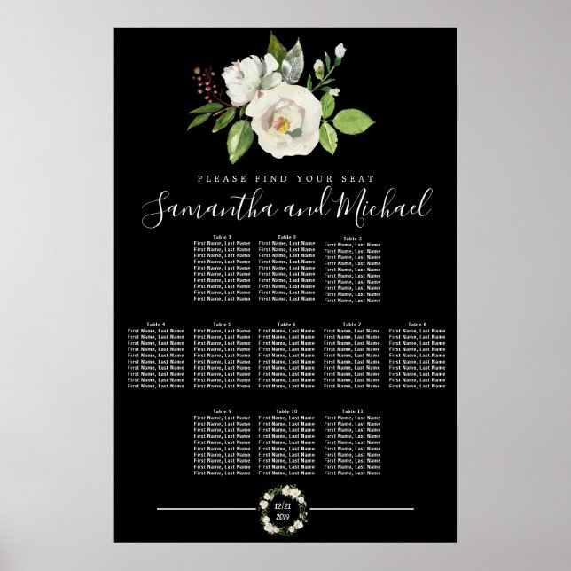 Floral Rose blanc sur tableau noir 11-Table assise (Devant)