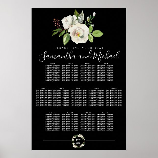 Floral Rose blanc sur tableau noir 13 tables (Devant)