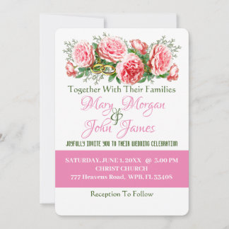 Floral Rose, Blanc & Vert Invitation Mariage