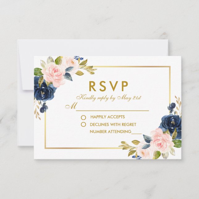 Floral rose Blush Blue Wedding RSVP Gold (Devant)