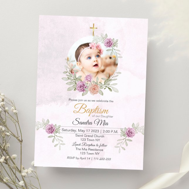 Floral rose doux avec invitation photo Baptême (Sweet Pink Floral with photo Baptism Invitation)